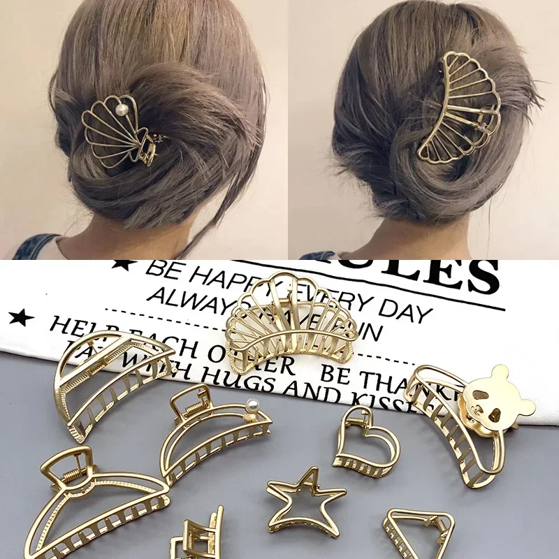 Heallor Gold Silver Geometric Hair Clip Large Size Metal Hair Claw Clip Crab for Women Fashion Alloy Hairpin Hair Styling Access