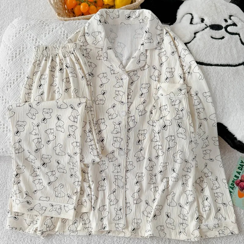 

Harajuku Style Cartoon Sweet Print Pajamas Set Autumn New Fashion Lapel Neck 2 PCS Sleepwear Long Casual Button Women's Pajamas