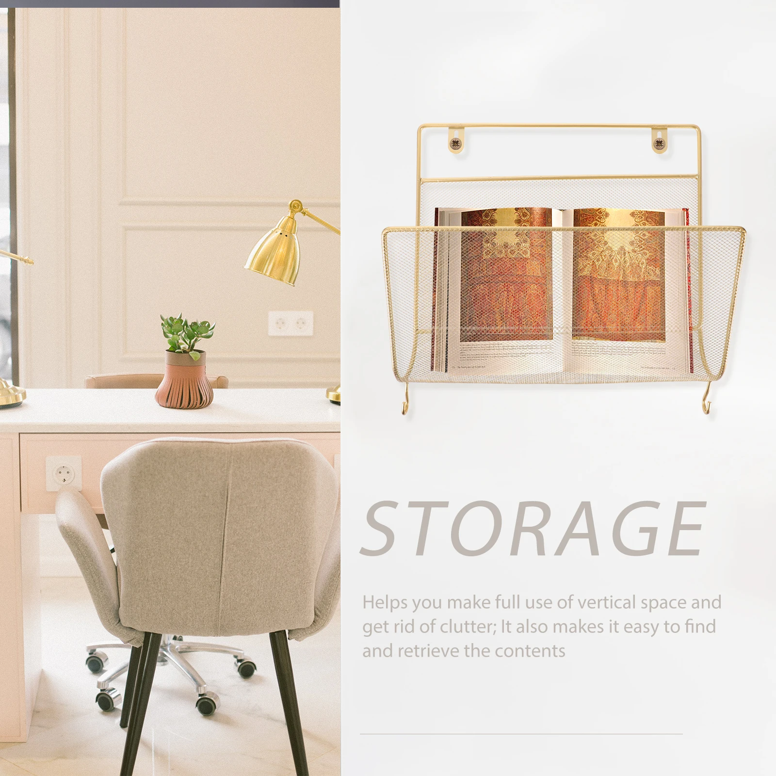 

Decorative Wall Hanging Bookshelf Storage Shelving Holder Golden Wrought Iron Office Mount