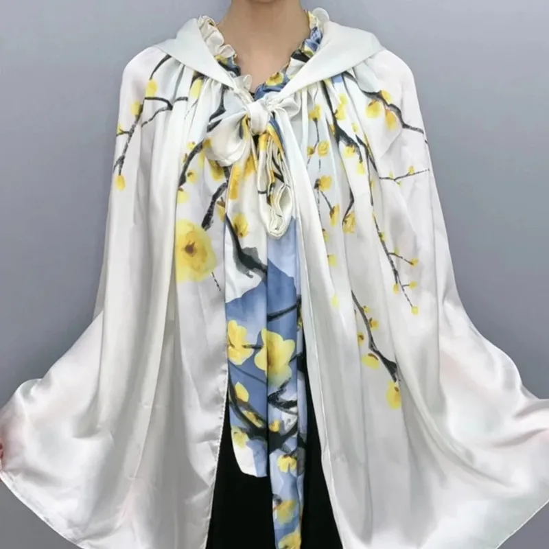 White Shawl Cloak Hooded Holiday Sun Protection Clothing Loose Long Cardigan Print Cape Pretty Outer Wear Women Spring Summer