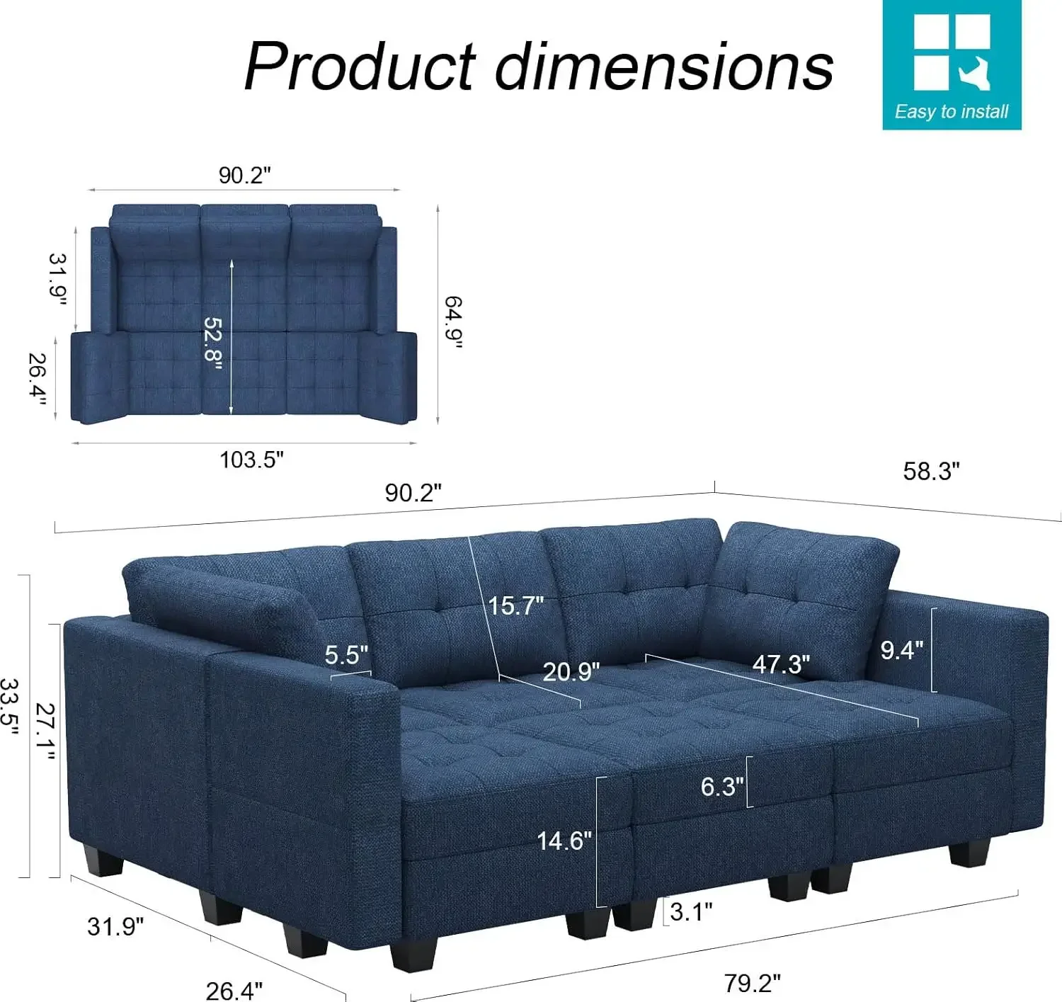 Modular Sectional Sofa Sleeper Couch Set Convertible Sectional Sleeper Sofa Bed with Storage Seat Modular Bed Blue USA