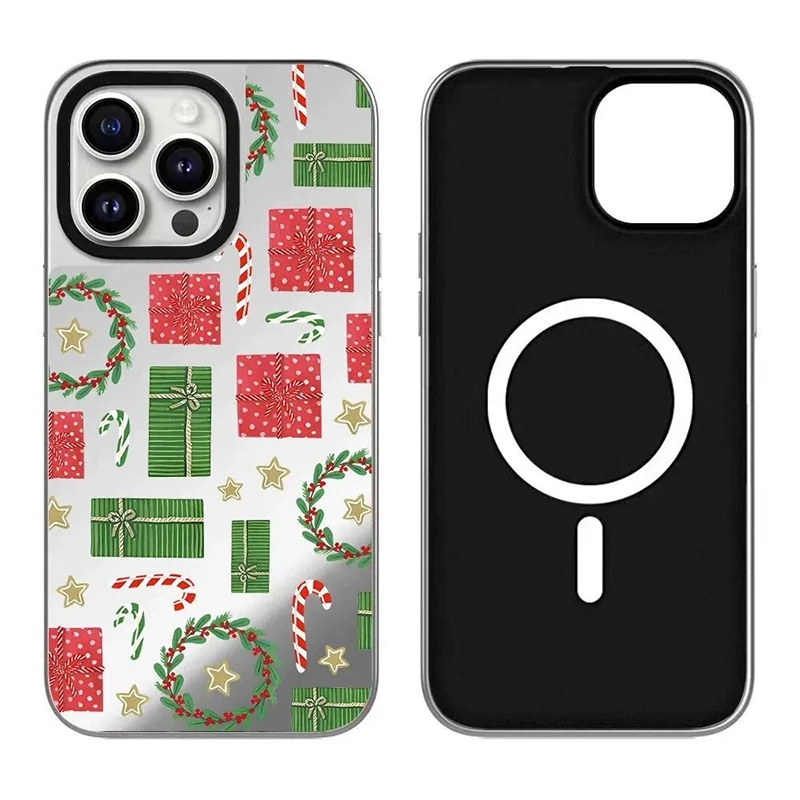 Christmas Sock Black Silver Border Mirror Magnetic Phone Case Cover for IPhone 12 13 14 15 16 Pro Max Case