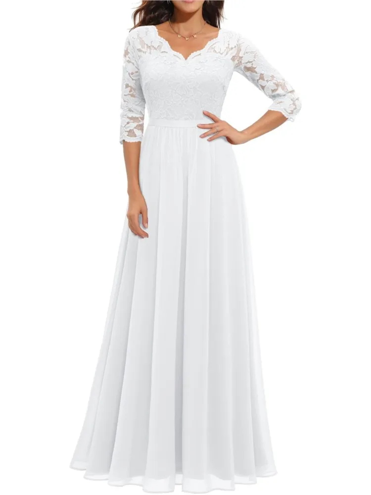 المرأة الجديدة بلون سليم المرقعة الدانتيل فساتين طويلة ربيع الخريف أنيقة الخامس الرقبة منتصف الأكمام عارية الذراعين ثوب مسائي فستان #5