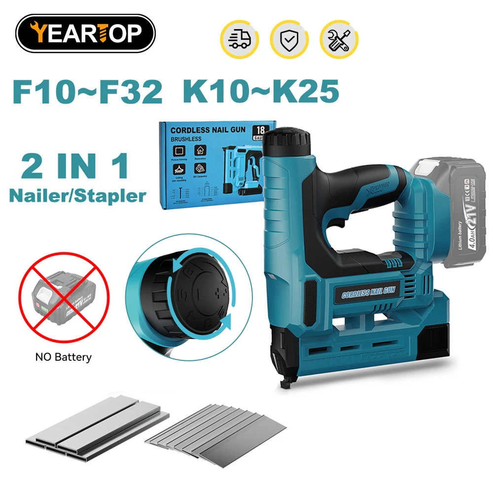 YEARTOP 6 Gear Depth Adjust Electric Nailer Stapler Furniture Staple Gun For Wood Frame Woodworking For Makita 18V Battery