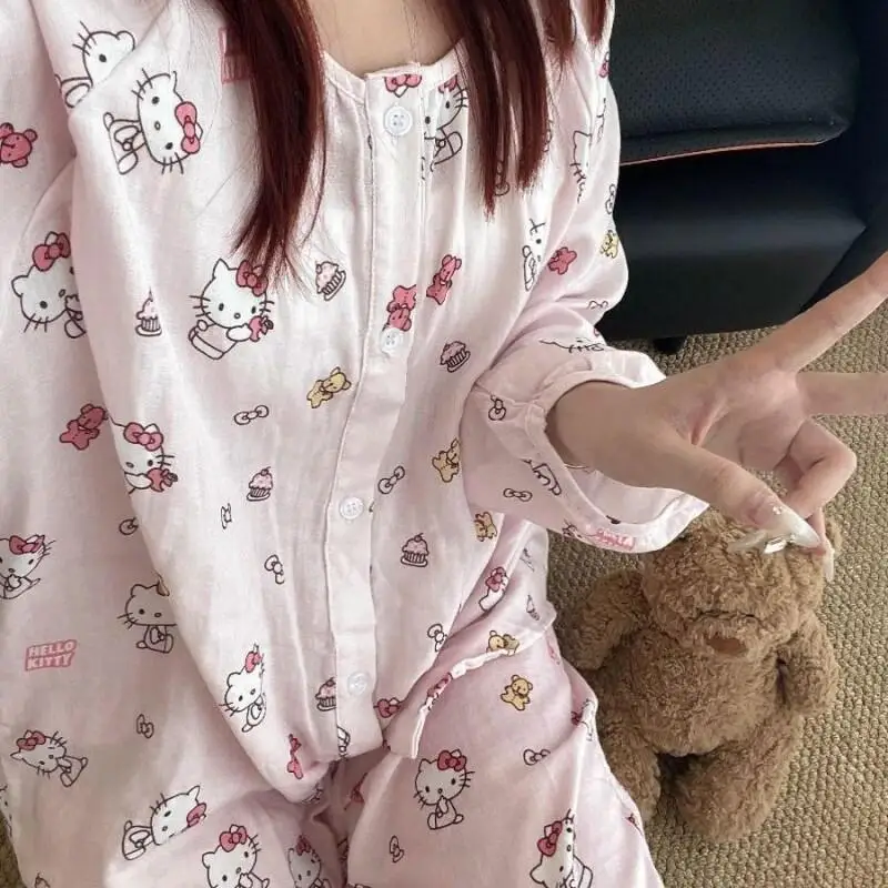 

Пижамы Sanrio Hello Kitty, домашняя одежда для женщин, милая новая домашняя одежда с длинными рукавами, весенне-осенняя одежда для сна больших размеров и брюки