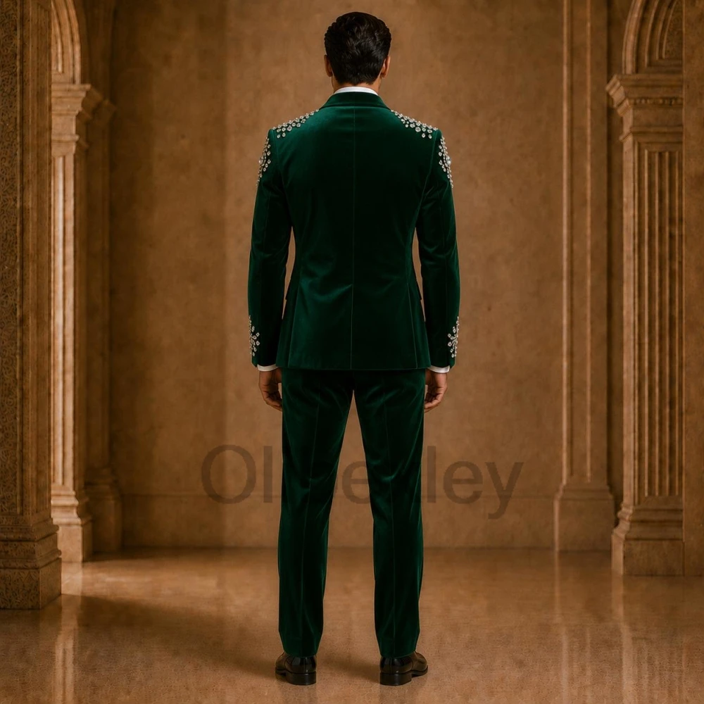 Olibexley Luxury Green Male Men Suits 2 Pieces Sets Rhinestone Beaded Tuxedos Party Blazer Pants Ropa Hombre Customized S392
