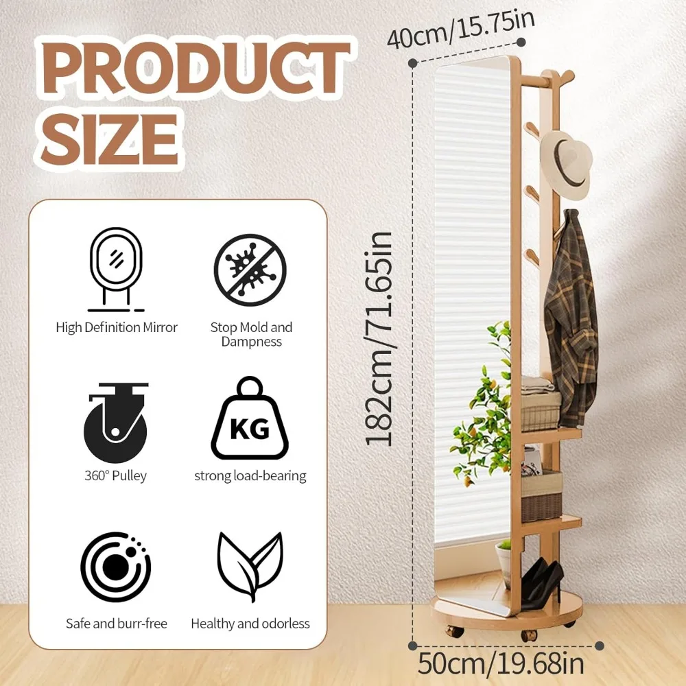 Bodenspiegel aus massivem Holz in voller Länge mit Ablageflächen und Garderobe – übergroßer Körperspiegel für Zuhause