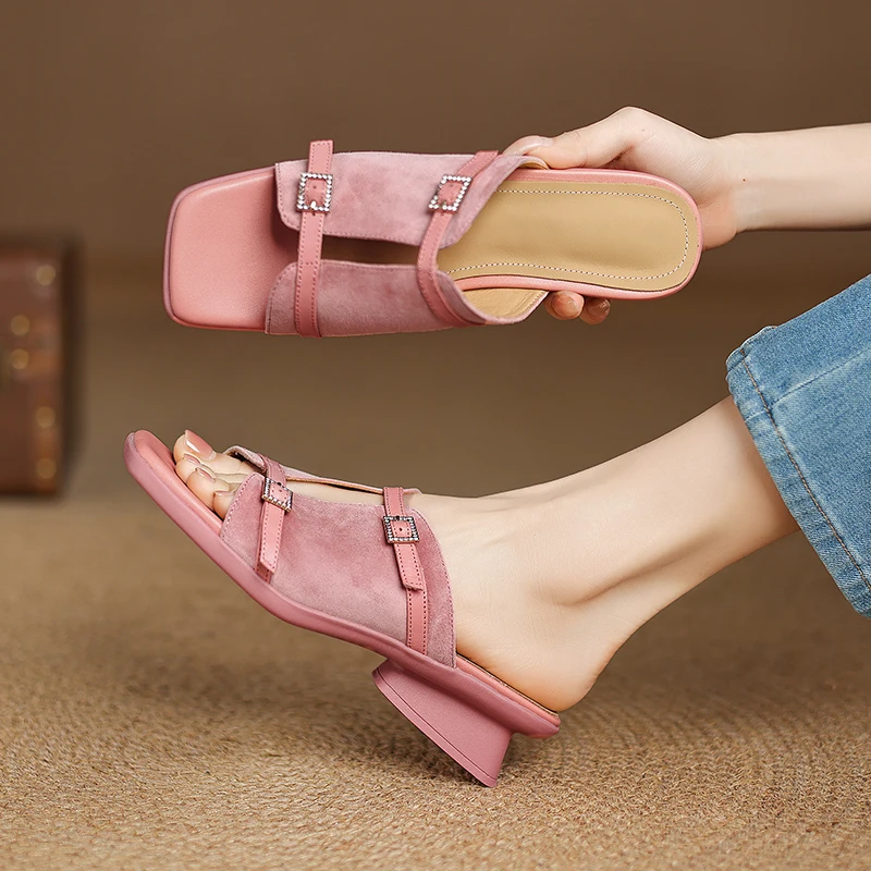 2026 new spring summer women sandals natural leather plus size 22-25cm kid suede+sheepskin buckle mules wedges women shoes view 2