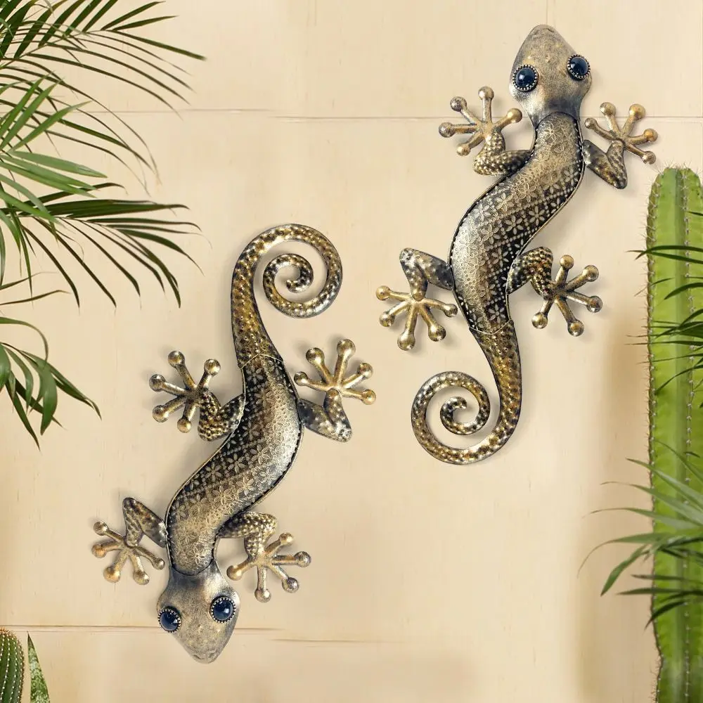 

2Pcs Crafts Metal Gecko Wall Art Decor Creative 15 Inch Wall Hanging Sculpture Cute Waterproof Animal Statues Garden