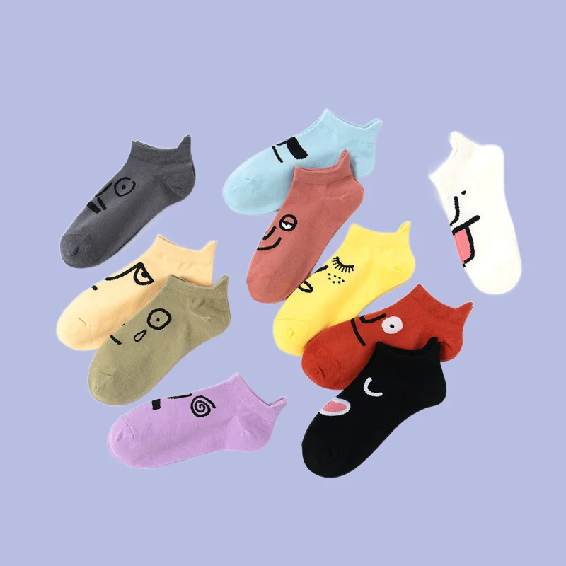 

10 Pairs Creative Spring and Summer Boat Socks Personality Funny Expression Breathable Socks Low-top Shallow Boat Socks