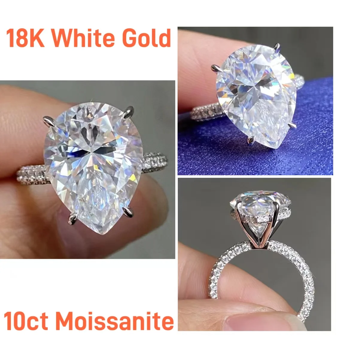 18K Solid White Gold 10cts 12x16mm Pear Shape White D Lab Moissanite Diamond Engagement Wedding Ring