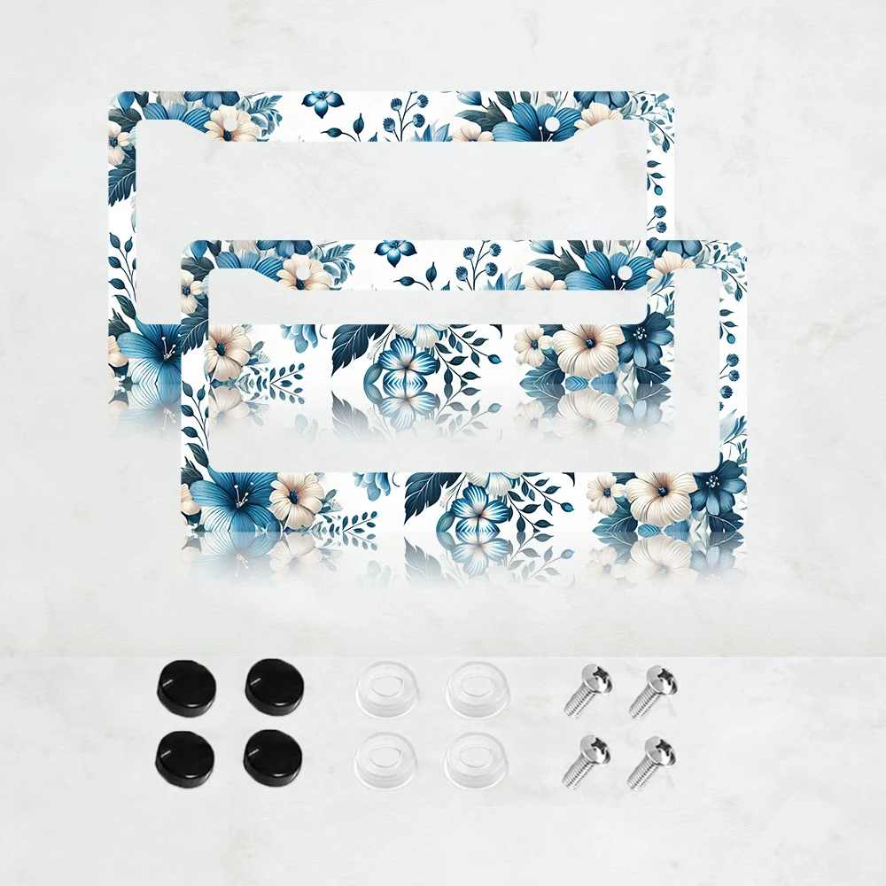 

2PC Beautiful Blue White Hibiscus Floral Aluminum License Plate Frame - US Standard Size, Decorative Car License Plate Bracket