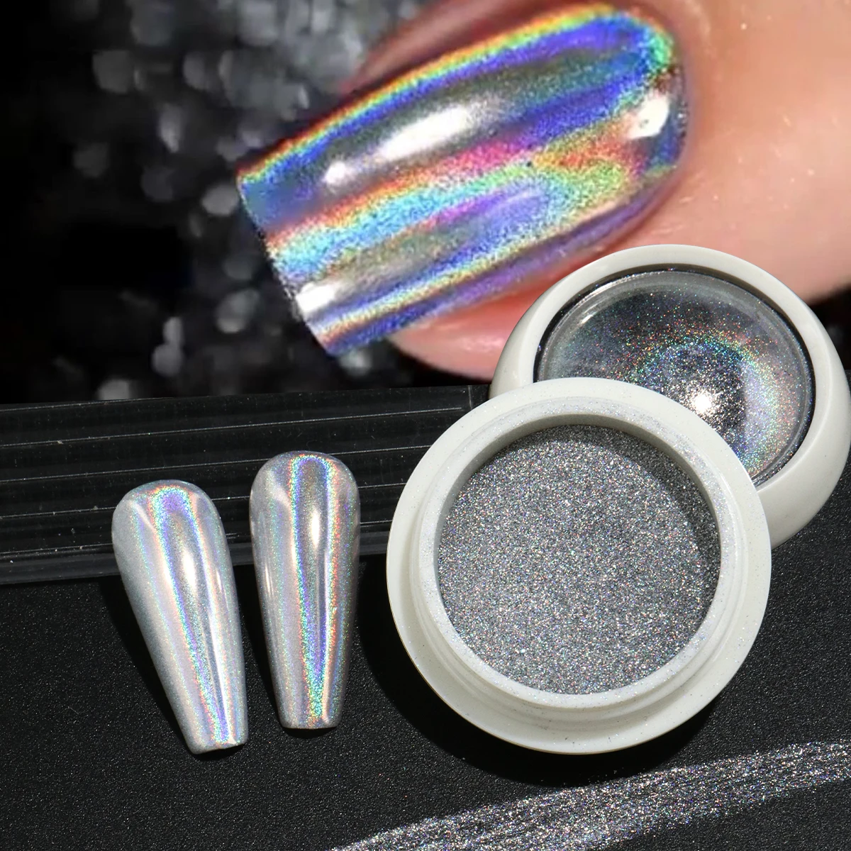 1 صندوق مسحوق أظافر ثلاثي الأبعاد كروم ليزر فضي مرآة سحرية مسمار بريق معدني تأثيرات لامعة فرك رقائق الغبار #1