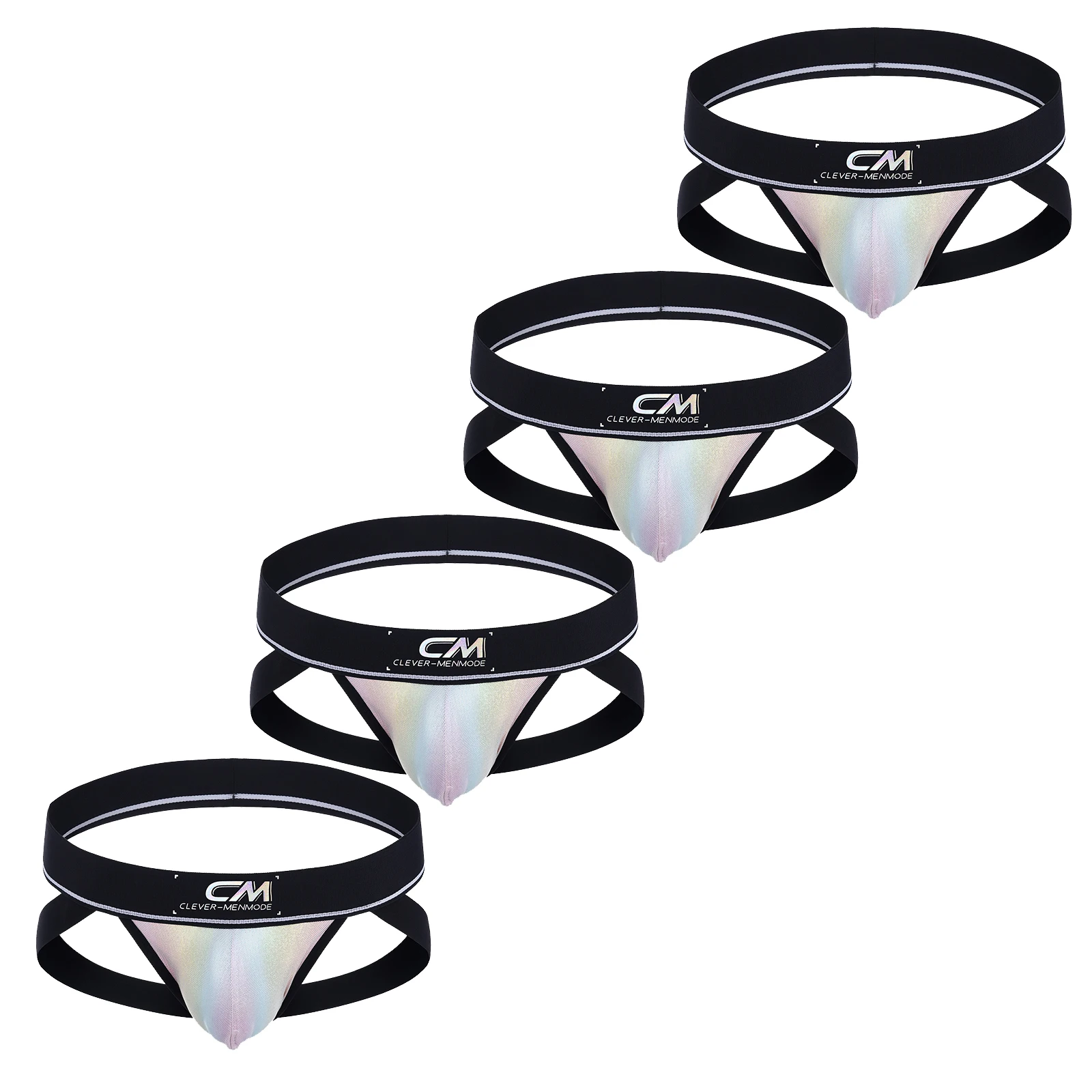 

4 Pack Faux Leather Holographic Jockstrap Men Thong PU Sexy Underwear Wide Waistband Low Rise U Pouch Nightclub Shiny Underpant