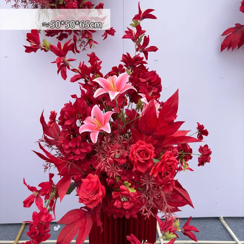 100 cm giglio rosso e bouquet di rose decorazione di nozze composizione di fiori artificiali decorazione di sfondo di nozze