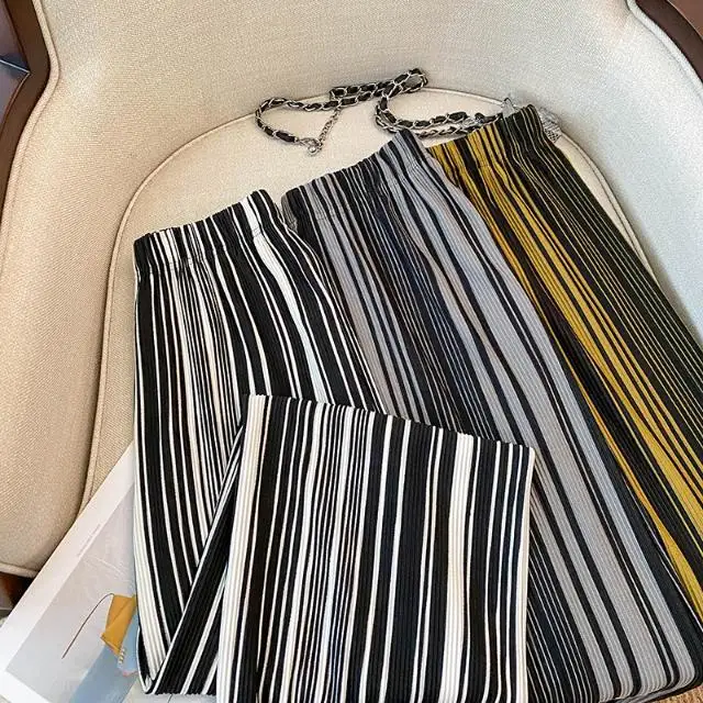 High Waist Straight Leg Casual Pants Women Loose Wide Leg Trousers With Pleated Striped Design