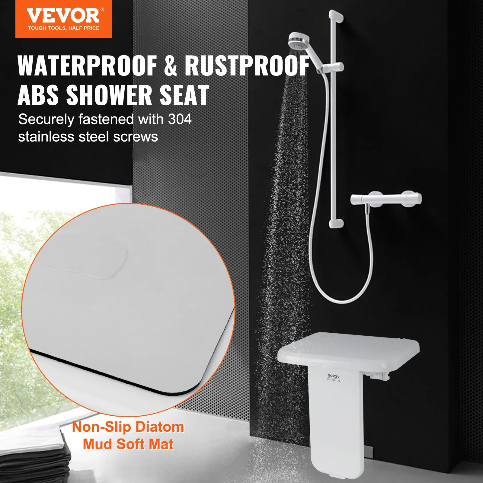 VEVOR Folding ABS Shower Seat 15.7'' x 16.7'' Unfolded Wall Mounted Fold Up Shower Bench with 440 lbs Load Capacity Shower Chair