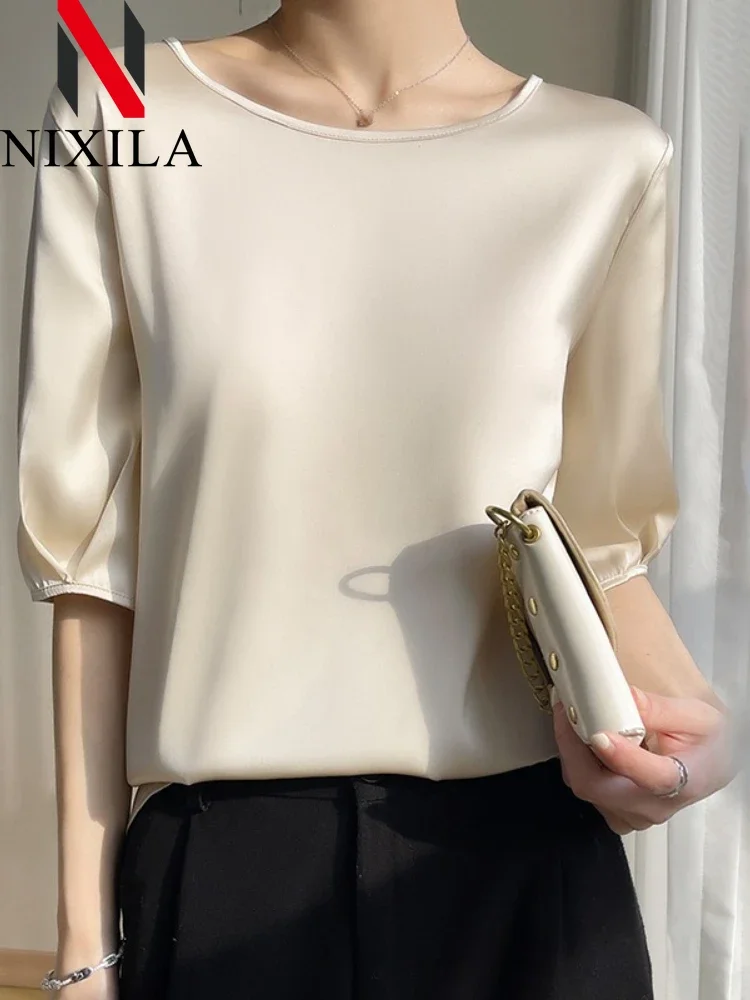 New in Summer Woman Silk Blouse Elegant T-shirt Simple Satin Office Smooth Tops Aestetic Mujer Round Neck Oversized Clothing