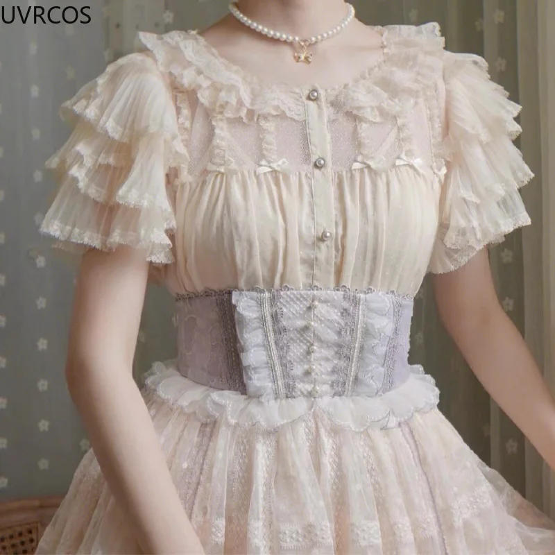 Japanese Victorian Lolita Princess Blouse Women Vintage Elegant Lace Bow  Ruffles High Waist Slim Shirts Gothic Short Sleeve Top