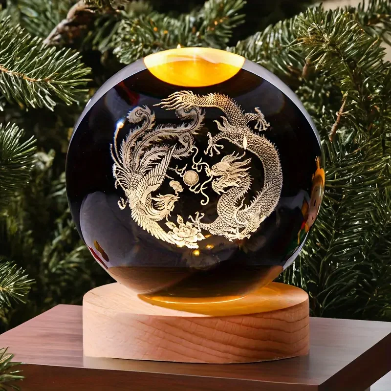 1pc 3D laser engraving ‌‌‌‌‌ dragon Phoenix auspicious, crystal ball night light, modern polished glass decoration, Christmas, H