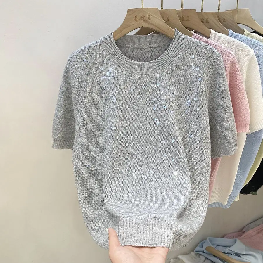 Sweet Trends Sequin Knitted Pullover Women Short-Sleeve T-Shirt Lightweight Sweater Design Top Y2k Jumper Outfit Korean Tees