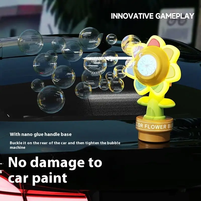 Máquina de burbujas de flores de siete colores, Control remoto de coche recargable, máquina de burbujas de girasol oscilante con luz de burbuja de goteo para coche