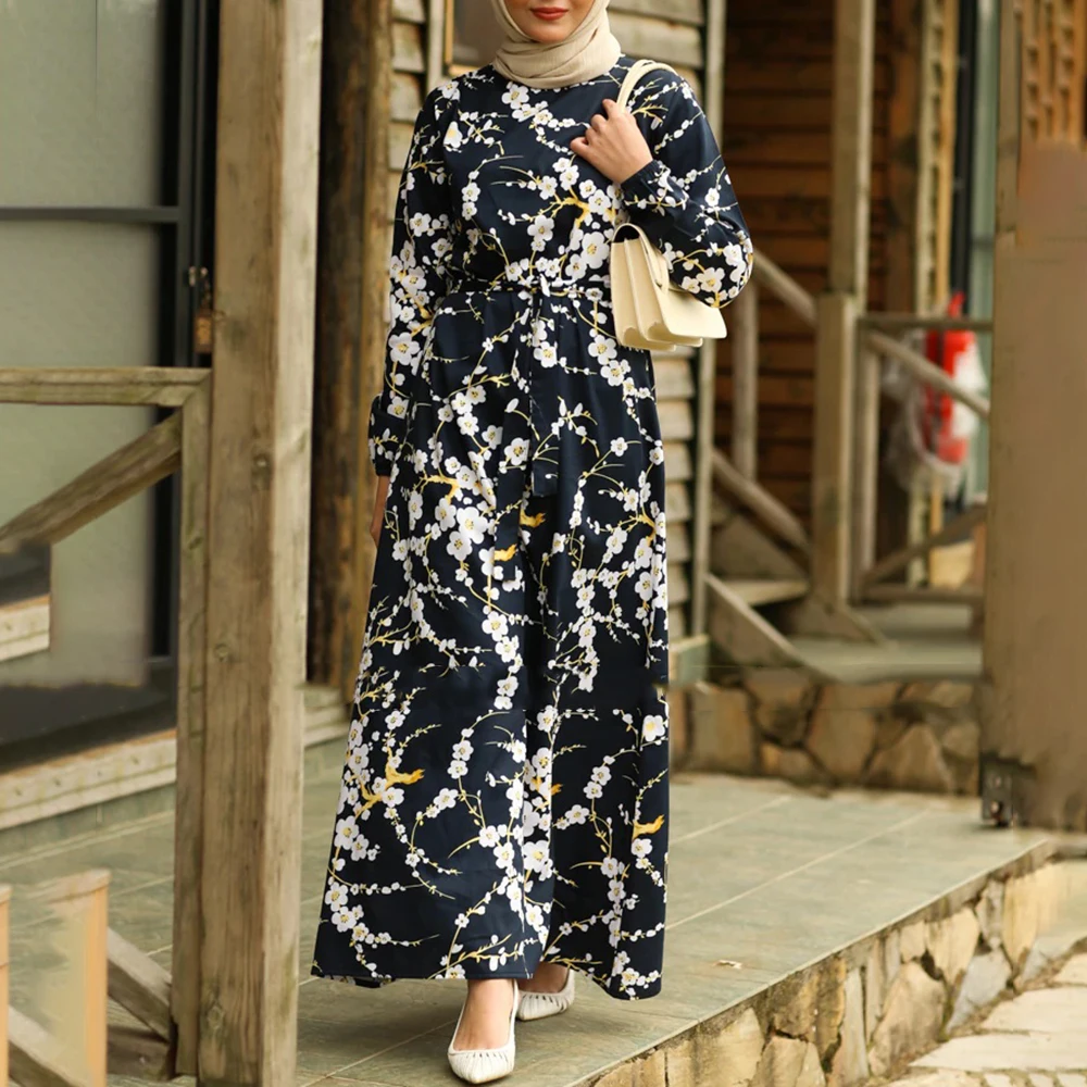 

Loose Women African Floral Printed Dresses Round Collar Elegant Long Sleeve Gowns Muslim Fashion New Design Femme Boubou 2022