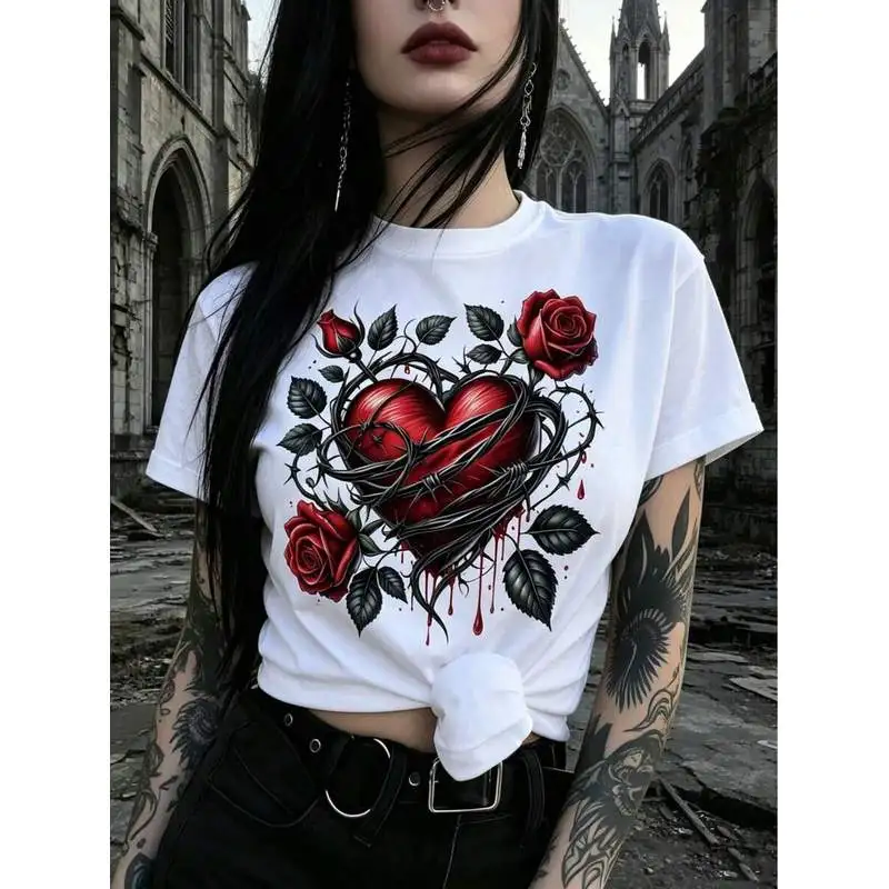 Women Barbed Wire Heart Rose Graphic T‑Shirt Crew Neck Short Sleeve Tee Gothic Dark Style Casual Daily Tops