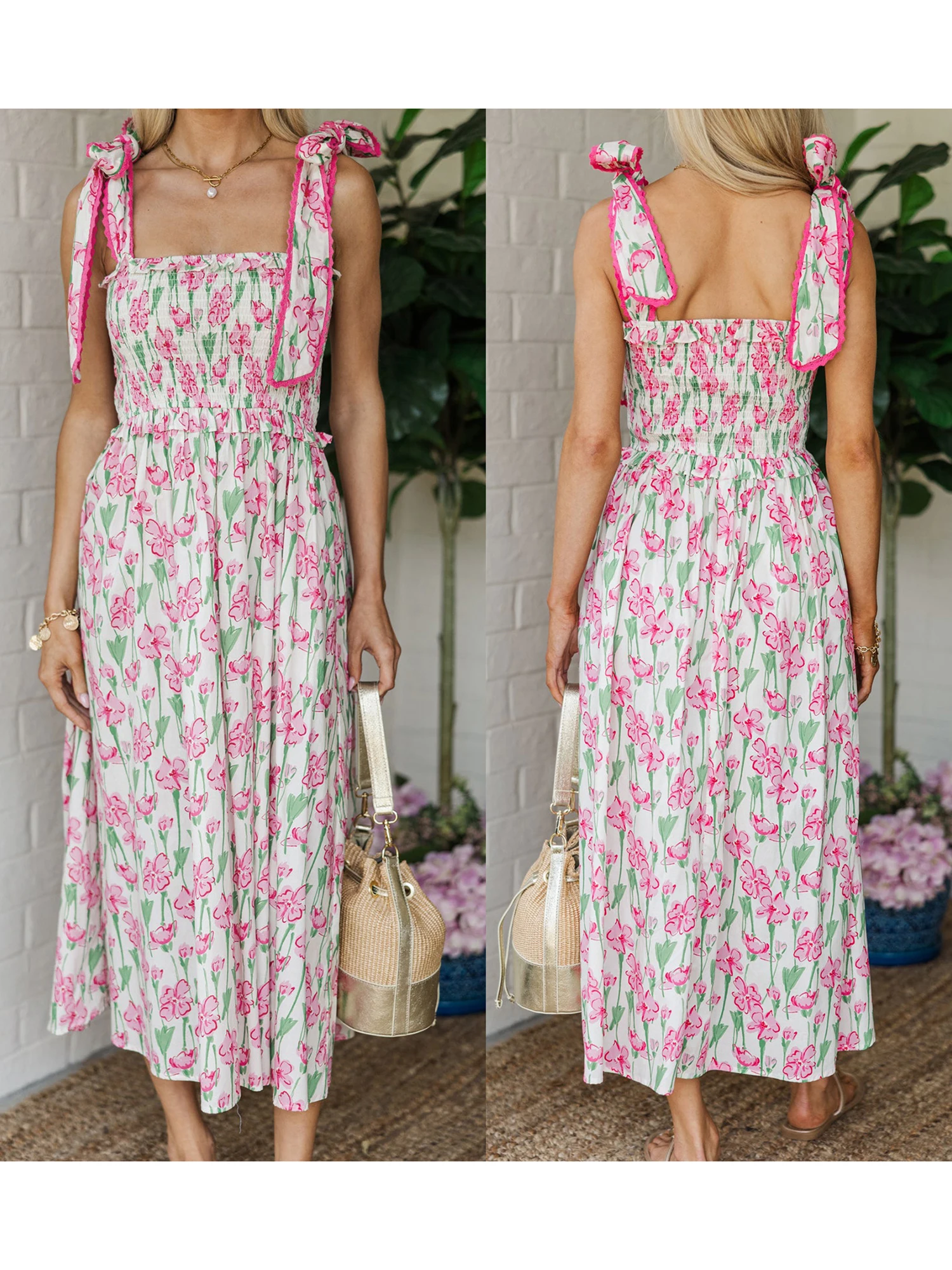 Floral Print Ruffle Sleeve V-Neck Wrap Dress with Tie Waist and High Low Hemline for Women Summer Beach Party