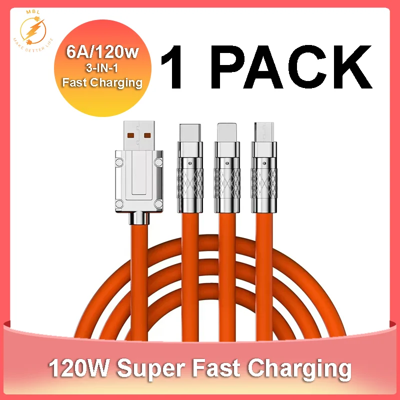 2PCS 6A 120W 3in1 USB Fast Charger Cable For iPhone 14 Micro USB Type-C 8-Pin Charging Cable For Huawei Samsung Xiaomi Wire Cord