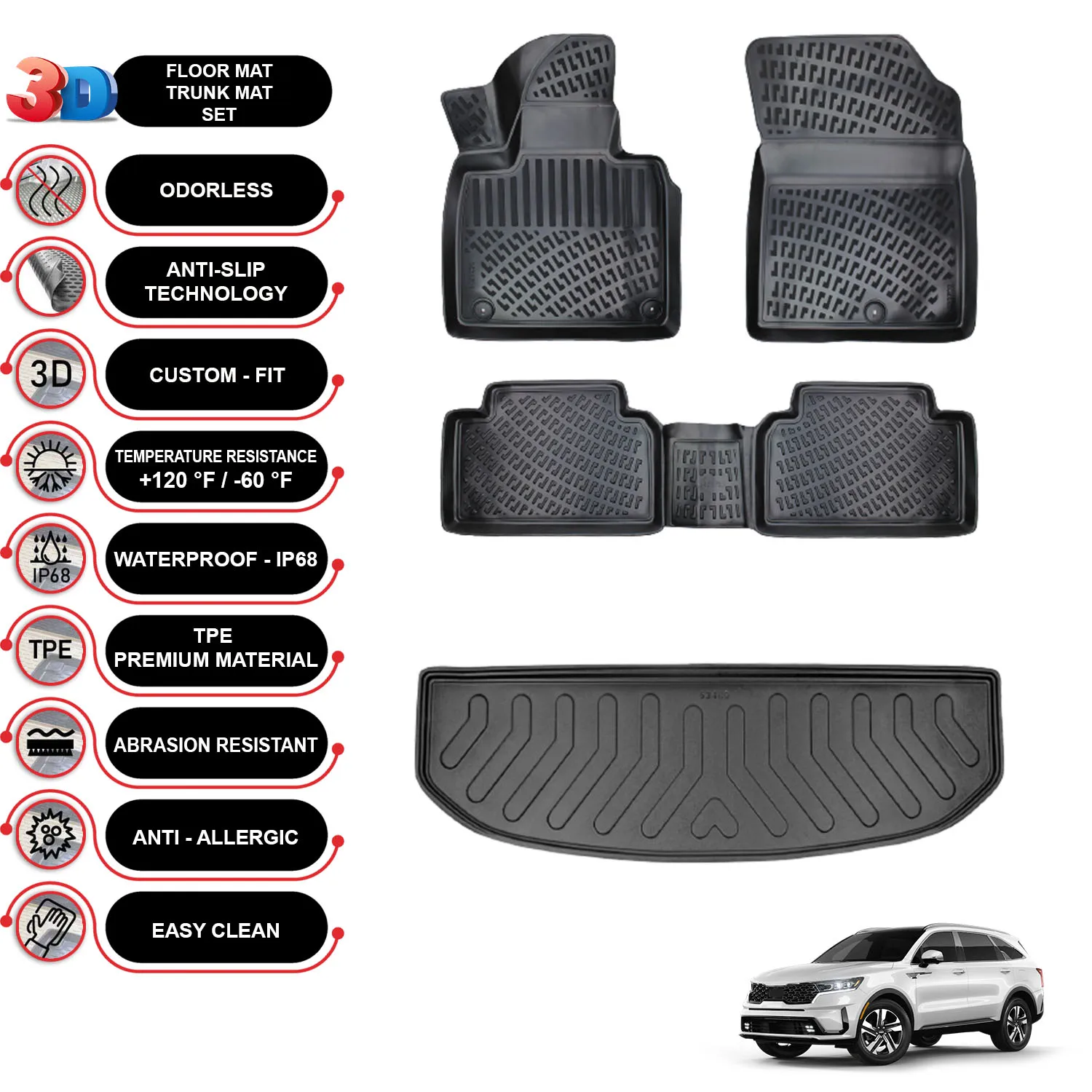 

Kia Sorento 7 Seats - (2021-2023) - Floor Mats + Cargo Trunk Liner - SET - (Black)