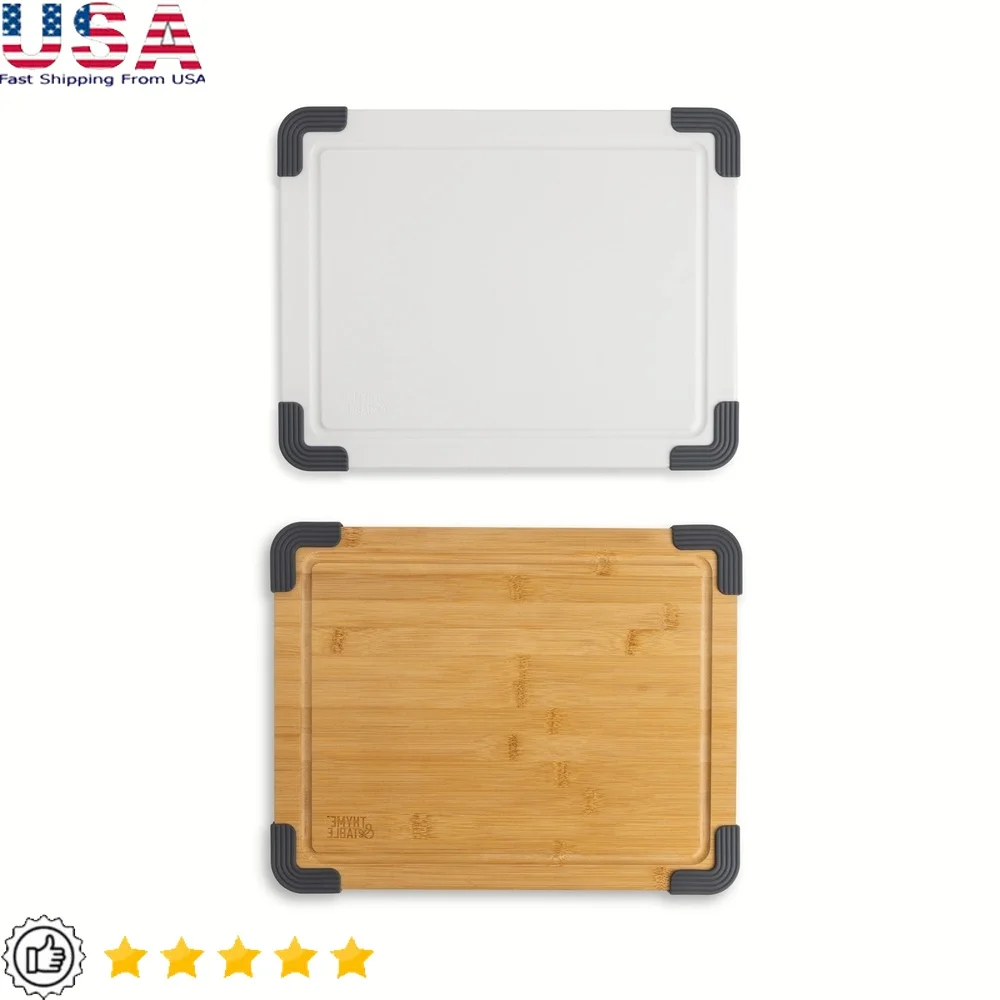 

2-Piece Cutting Board Set Poly Bamboo Non-Slip Juice Wells Blade-Friendly Durable Kitchen Prep Boards 14x10 Inches