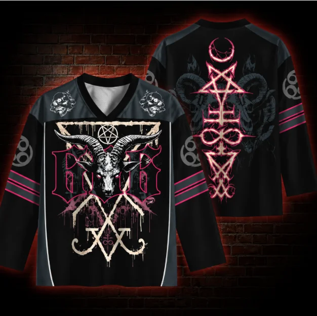 Gothic Baphomet Unisex 3D Print Long Sleeve V Neck Ice Hockey Shirt Pentagram Occult Symbol Punk Streetwear Pullover