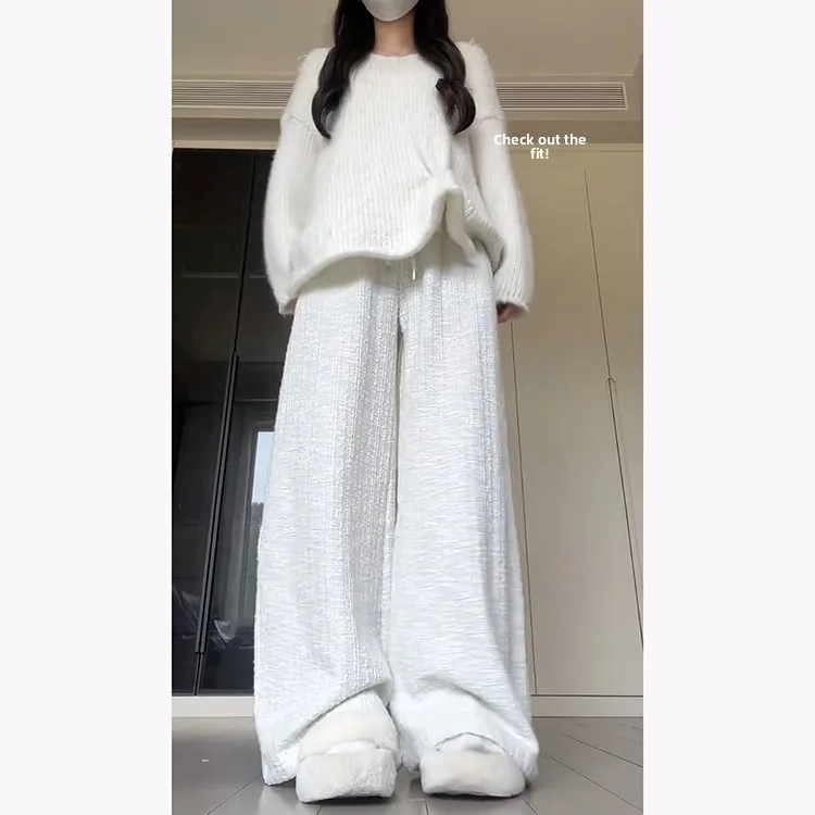 Pantalones de pierna ancha holgados informales para mujer Otoño Invierno nuevos pantalones coreanos de punto de cintura alta drapeados hasta el suelo