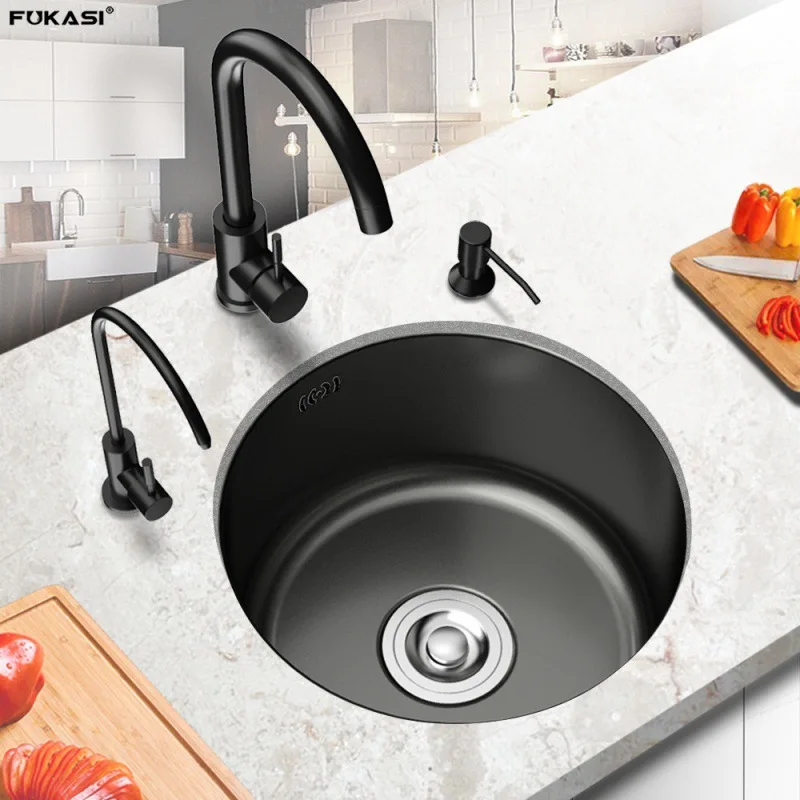 304 stainless steel kitchen round sink vegetable basin single slot black nano bar island small sink under the counter