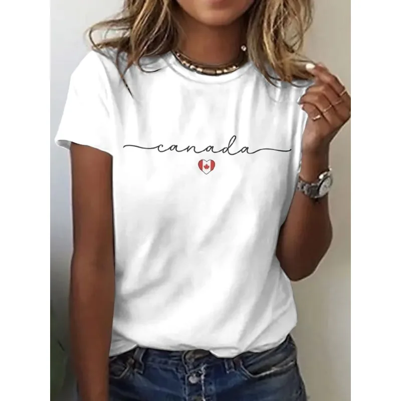 ilstile Women's Canada Maple Leaf Flag Print T-Shirts Summer Short Sleeve Casual Round Neck Tops White Tees NEW