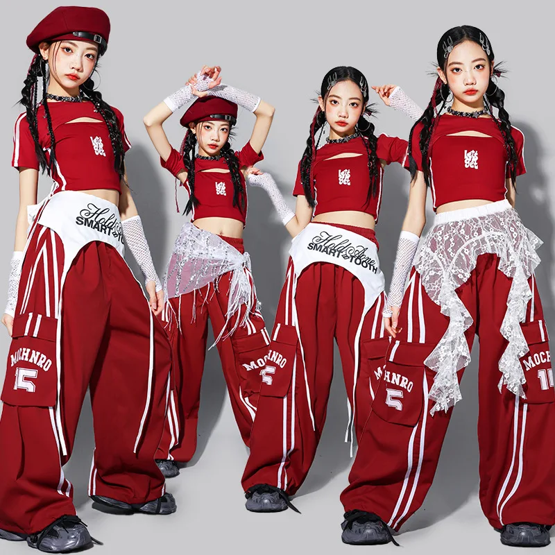 Hip Hop Girls Fashion Crop Top Cargo sweat Pants Children K-pop Streetwear Girl Group Clothes Set Kids Street Dance Jazz Costume