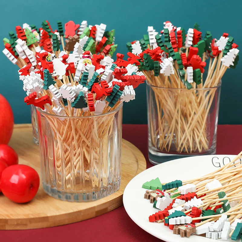 100pc Weihnachten Bambus Sticks Einweg Party Geschirr Nette Elch Santa Weihnachten Baum Obst Dessert Zahnstocher Hause Küche Liefert