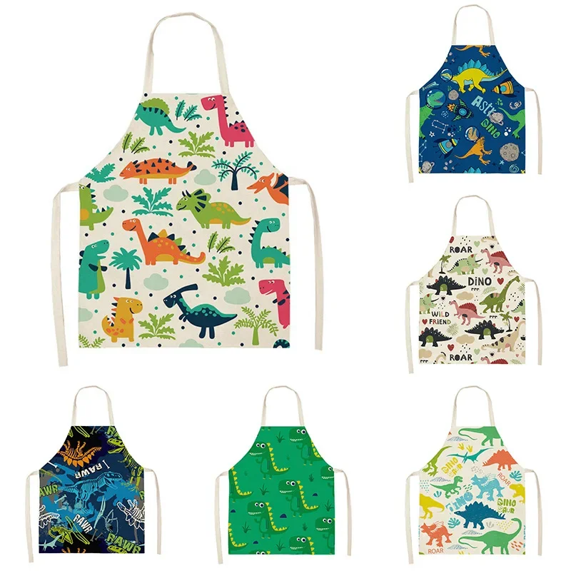 Little Dinosaur Pattern Linen Apron Kitchen Home Sleeveless Overcoat Household Adult Children Cleaning Gift Anti-Fouling Apron