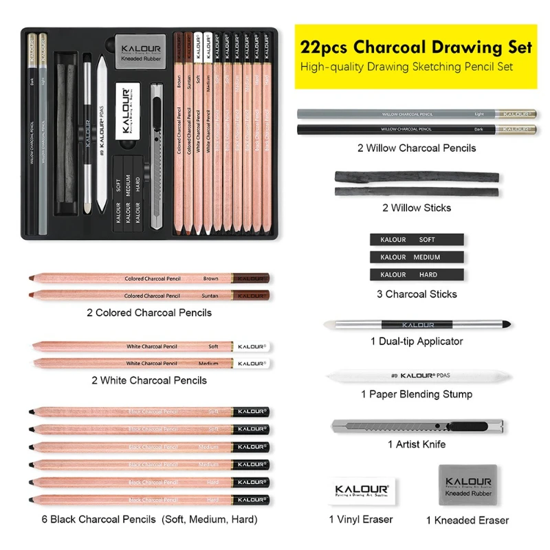 KALUR 22pcs Sketch Pencil Set Charcoal Graphite Pencil Drawing Set Artist Gift Art Sketch Charcoal Pencils Art Supplies