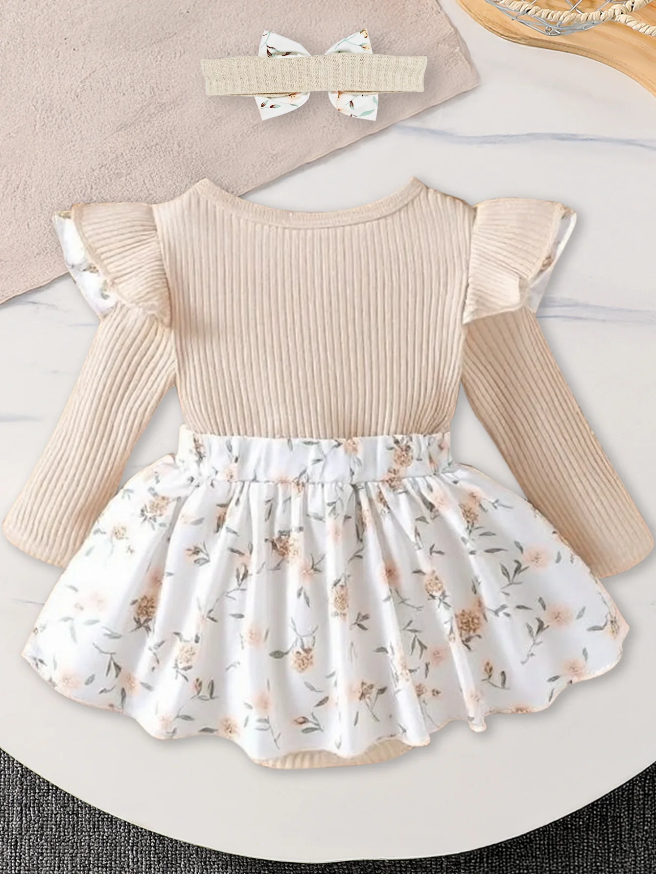 2-Piece Set for Baby Girls, Spring and Autumn Thin Romper Outfit, Baby Girl's Three-Dimensional Bow Decoration Floral Print Round Neck Long-Sleeve Romper + Matching Bow Decoration, Cute and Elegant Girl's Lace Cuff Fashion Sweet Versatile Princess Dress Two-Piece Set, Newborn First Birthday Gift, Comfortable and Soft, Suitable for 0-1-2-3 Years Old, 6-9 Months, Suitable for Outdoor, Casual, Party, Festival Gift