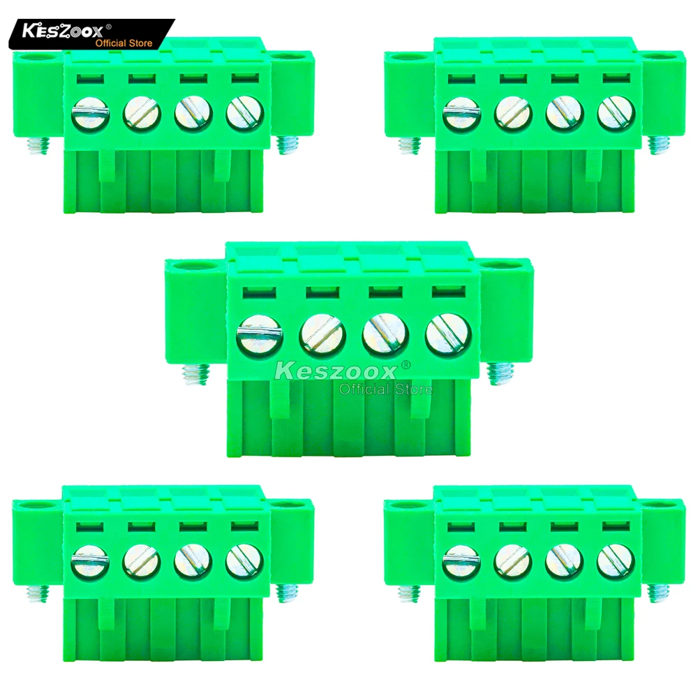 Keszoox 10 PCS 5.08mm 4 Pin Phoenix Type Connector Green PCB Screw Plug Terminal Block 4 Pole with Screwable Flanges