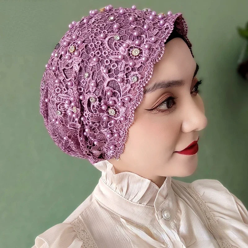 Beading Muslim Turban Caps Lace Headcover Islamic Wrap Head Turbante Summer Bonnets For Women Embroidery Flower Hijab Church Hat