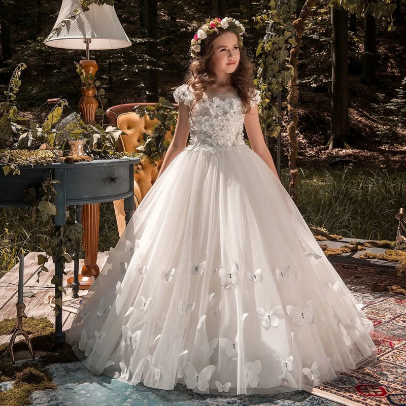 Robes de demoiselle d'honneur blanches, appliques en tulle gonflées avec papillon 3D, manches courtes pour mariage, fête d'anniversaire, première communion, quoi que ce soit