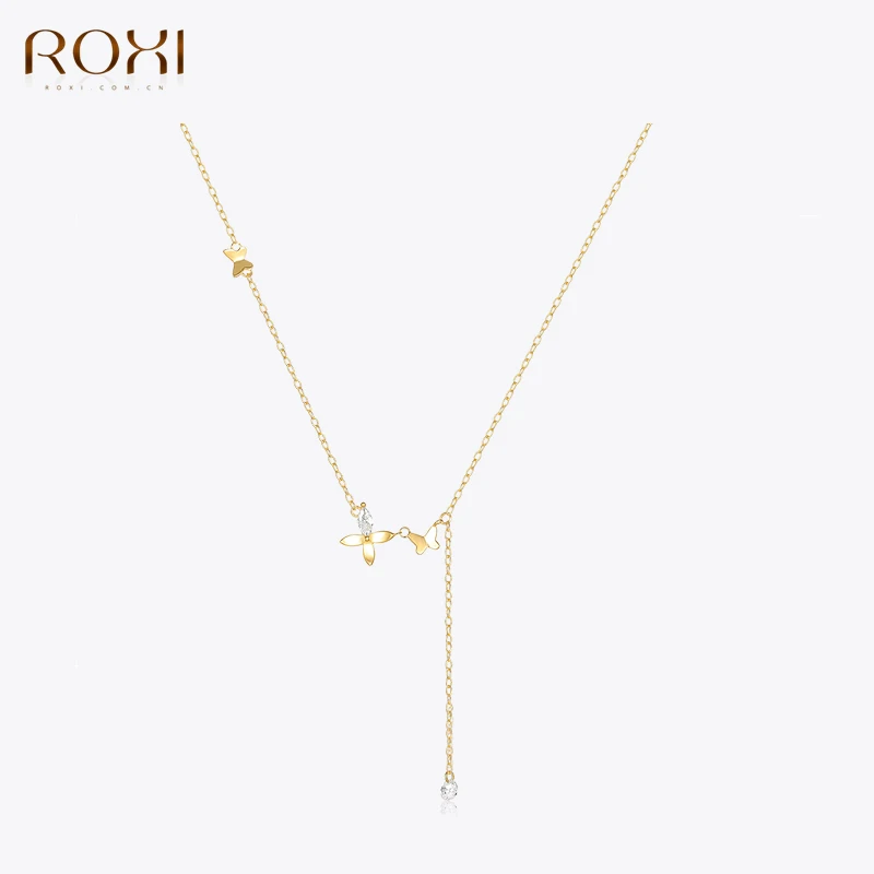 ROXI-gargantilla de mariposa doble tipo Y para mujer, gargantilla de lujo con personalidad, cadena de clavícula de Plata de Ley 925, joyería