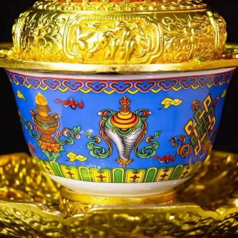 1Set Buddhist Tea Rack Copper,Tibetan Holy Water Cup,Painting Eight  Porcelain Bowl,Altars Buddhist Item Decorative - view 3