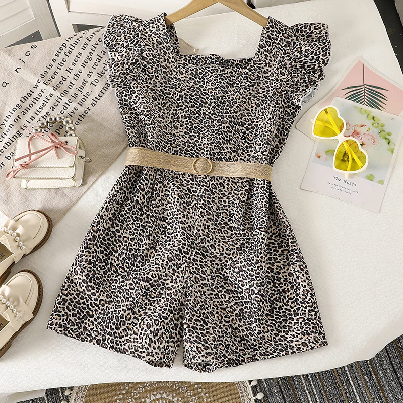 Fashion Clothing For 8-12 Years Kids Summer Brown Jumpsuit Square Neck Little Wing Sleeve Leopard Print Daily Casual Costume