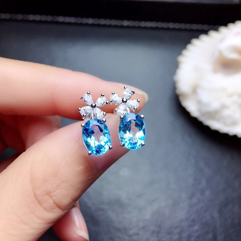 Huitan Fancy Sky Blue Stone Flower Earrings for Women Daily Wear Exquisite Girls Ear Accessories Birthday Gift Statement Jewelry