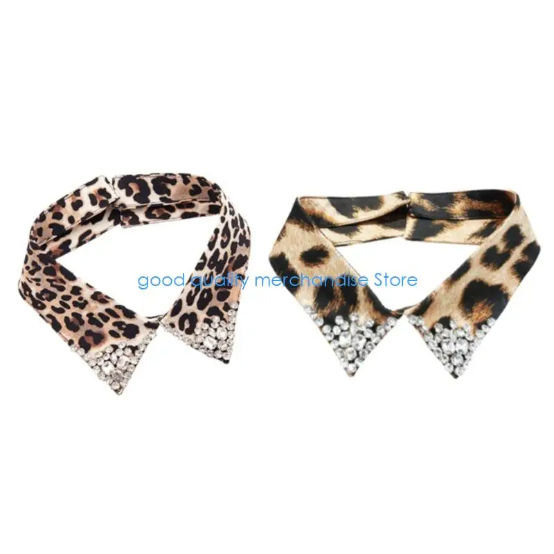 Y5JD Leopard Pattern Detachable Faux Collar with Rhinestones Decors Neck Accessory For Women Teens Everyday Outfit Enhancer
