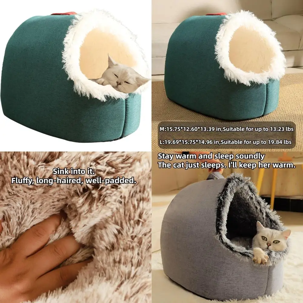 

folding warming pet cave bed with removable cushion, large green animal-shaped nest for cats